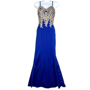 Maxi Dress Womens XS Royal Blue Gold Brocade HOCO Prom Formal Statement Dopamine